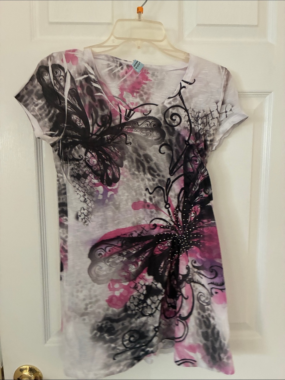 Y2K Women's Pink & Black Butterfly Print Burnout Top SZ S